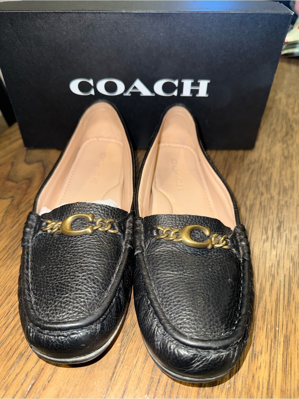 Coach Black Leather Loafers with Gold Chain Accent